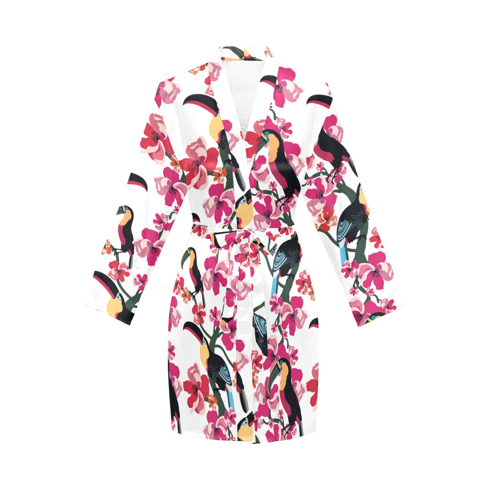 Toucan flower design pattern Women's Long Sleeve Belted Night Robe