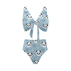 Cute panda pattern Chest Bowknot High Waisted Bikini Swimsuit