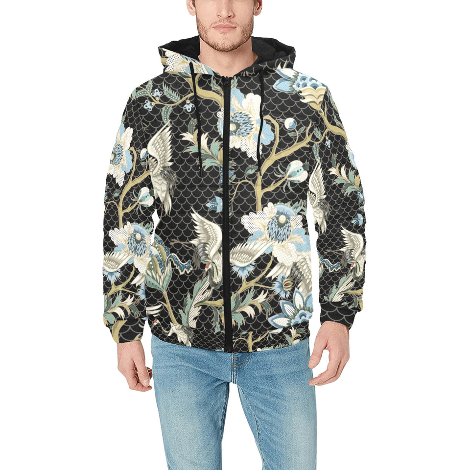 Japanese crane ornament elements Men's Padded Hooded Jacket