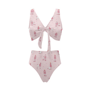 Poodle dog pink color theme Chest Bowknot High Waisted Bikini Swimsuit