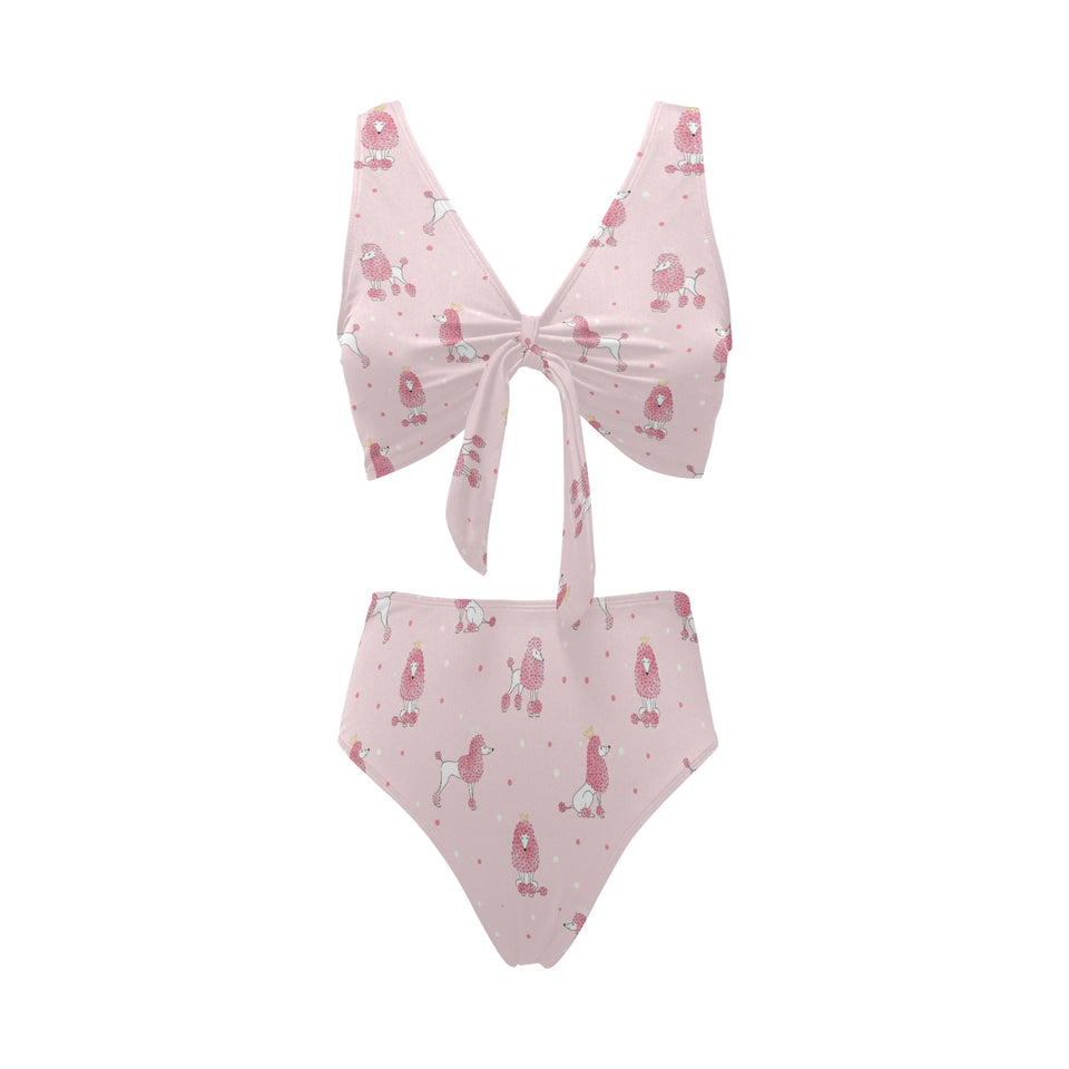 Poodle dog pink color theme Chest Bowknot High Waisted Bikini Swimsuit