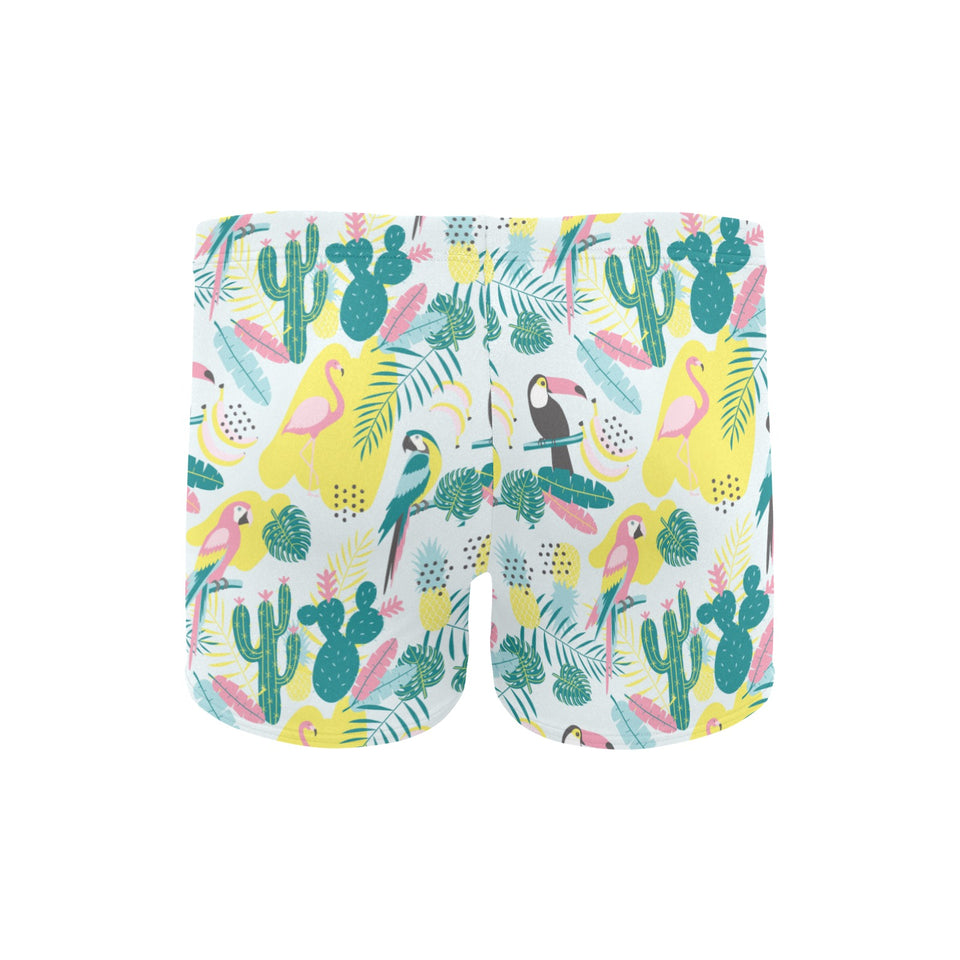 Cute parrot toucan flamingo cactus exotic leaves p Men's Swimming Trunks