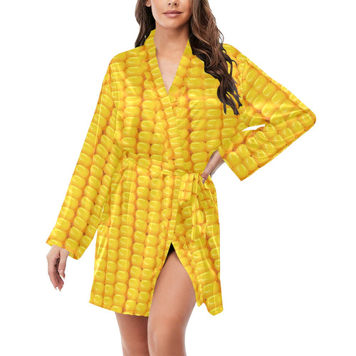 Corn Pattern Print Design 04 Women's Long Sleeve Belted Night Robe