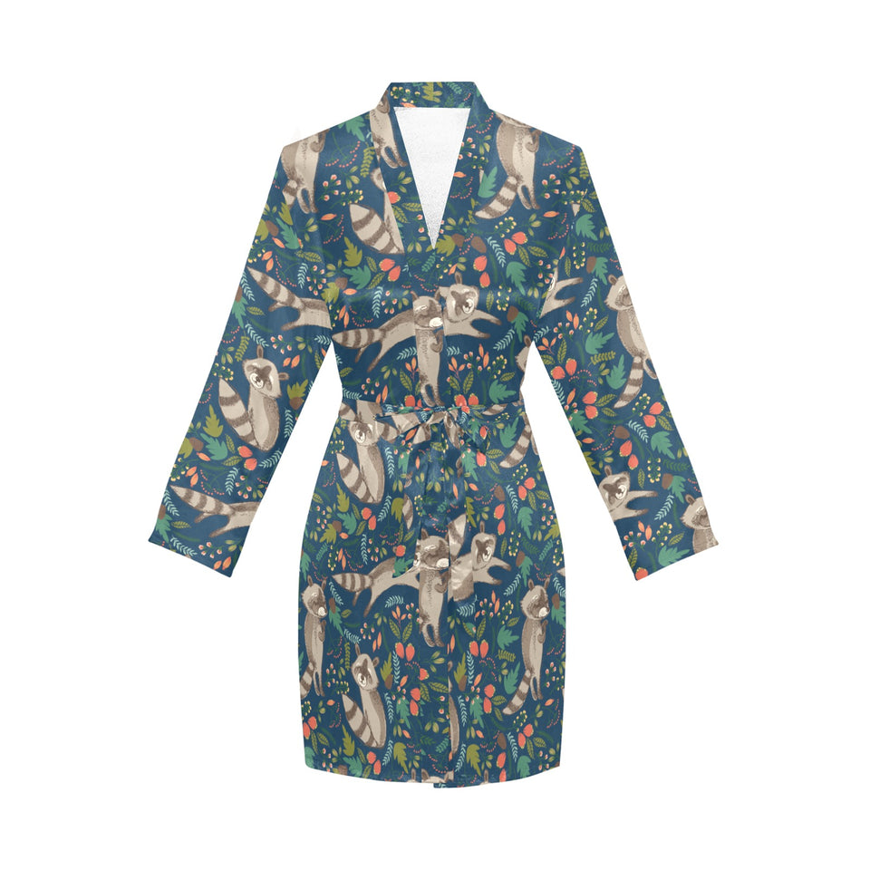 Raccoon tropical leaves pattern Women's Long Sleeve Belted Night Robe