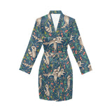 Raccoon tropical leaves pattern Women's Long Sleeve Belted Night Robe