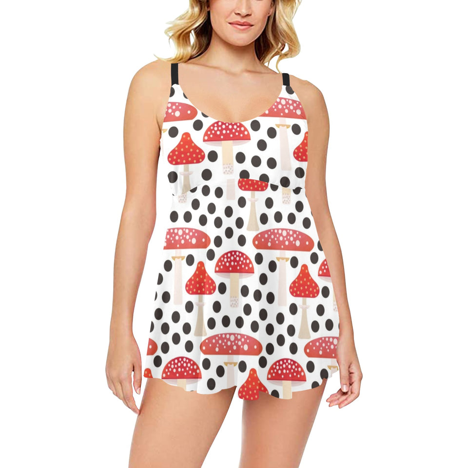 Red mushroom dot pattern Chest Sexy Pleated Two Piece Swim Dress
