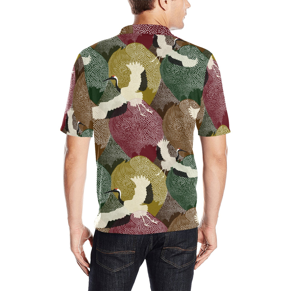 Japanese cranes flying forest dot pattern Men's All Over Print Polo Shirt