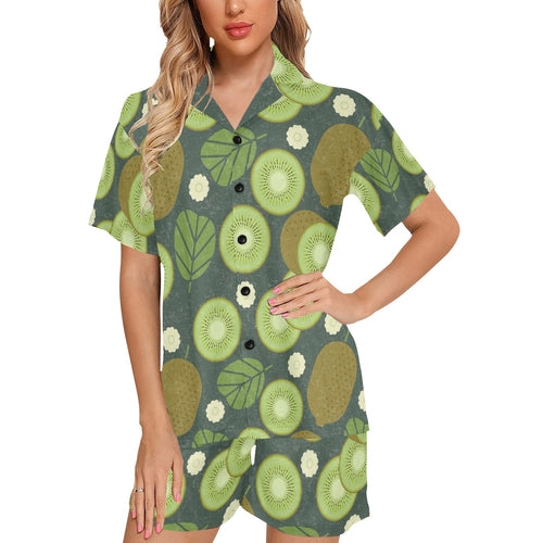 Whole sliced kiwi leave and flower Women's V-Neck Short Pajama Set