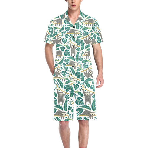 Cute sloths tropical palm leaves white background Men's V-Neck Short Pajama Set