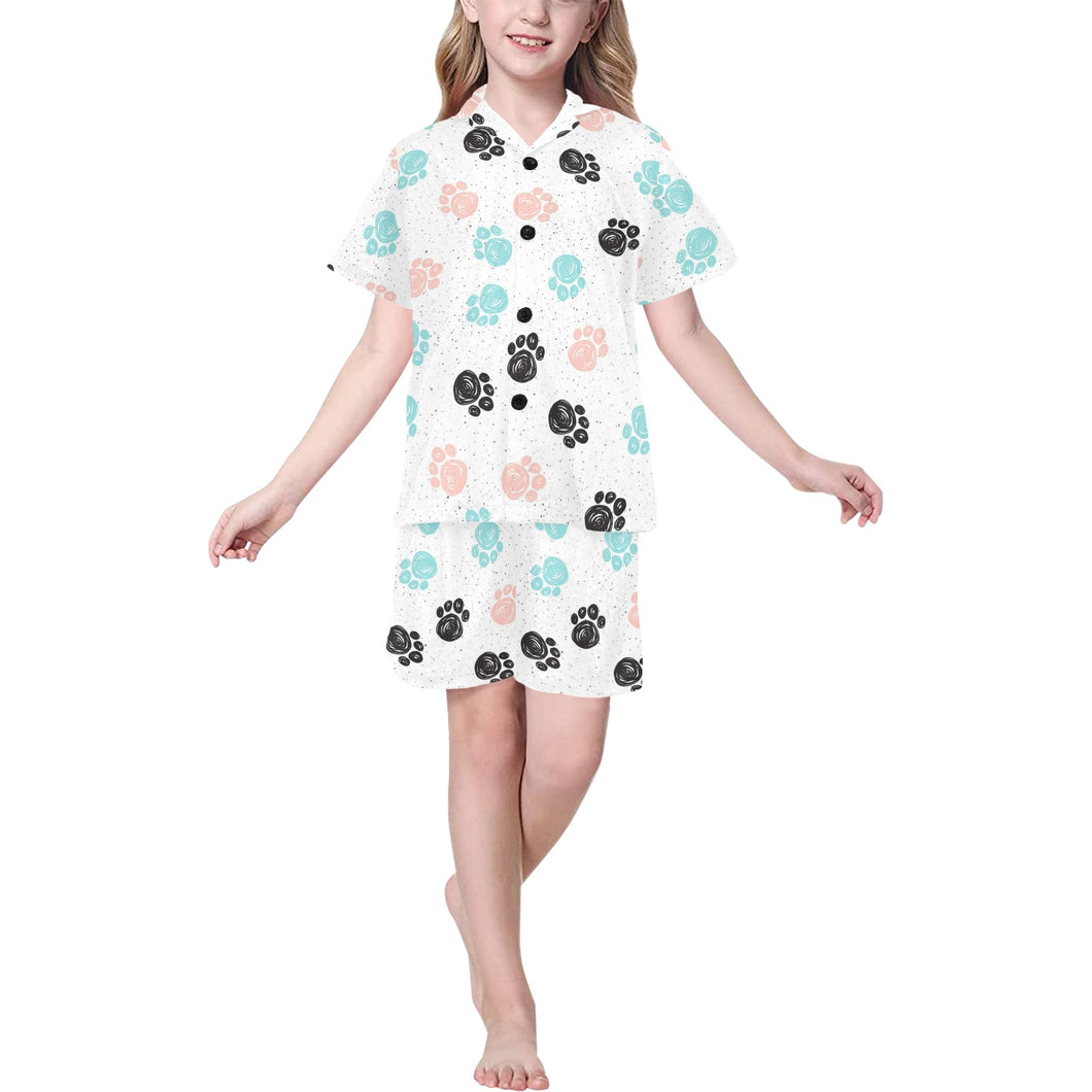 Dog Paws Pattern Print Design 04 Kids' Boys' Girls' V-Neck Short Pajama Set