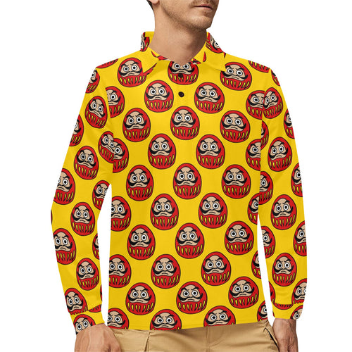 Daruma japanese wooden doll yellow background Men's Long Sleeve Polo Shirt