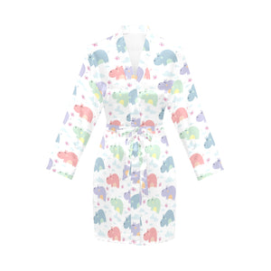 Hippopotamus Pattern Print Design 03 Women's Long Sleeve Belted Night Robe