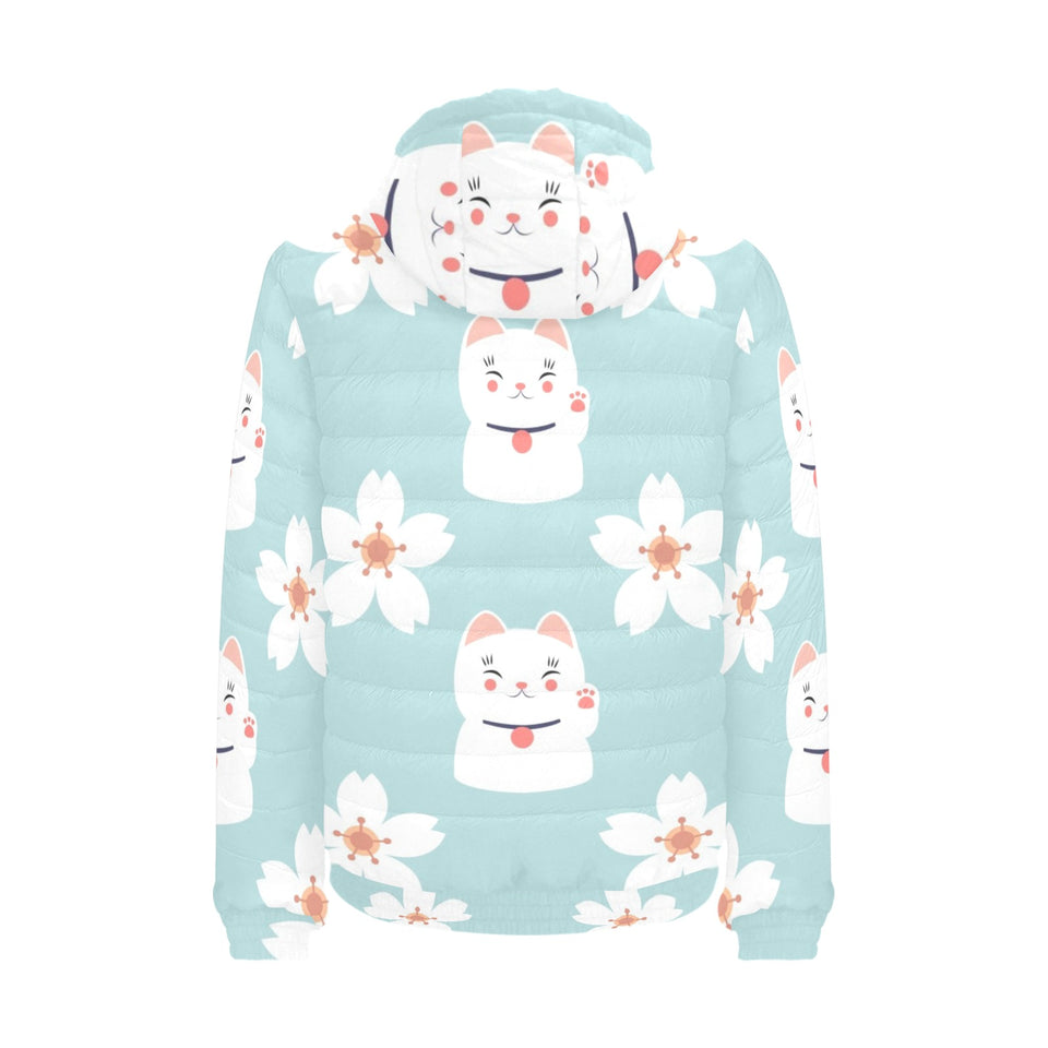 Maneki neko cat sakura Men's Padded Hooded Jacket