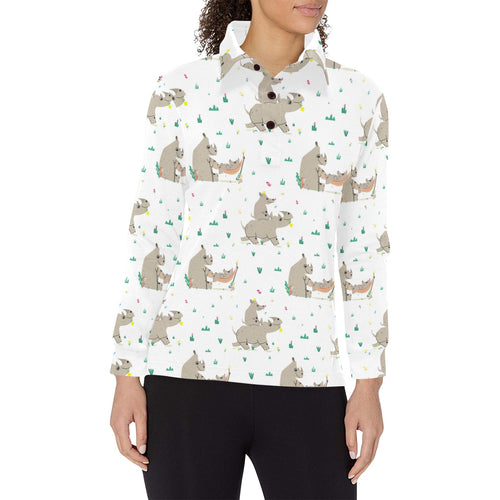 Cute Rhino pattern background Women's Long Sleeve Polo Shirt