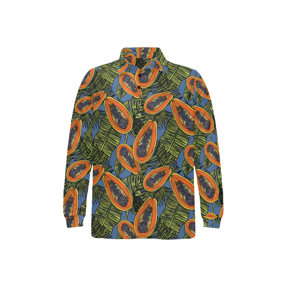 Colorful papaya tropical leaves Men's Long Sleeve Polo Shirt