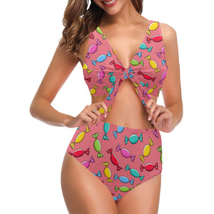 Colorful wrapped candy pattern Chest Bowknot High Waisted Bikini Swimsuit