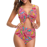 Colorful wrapped candy pattern Chest Bowknot High Waisted Bikini Swimsuit