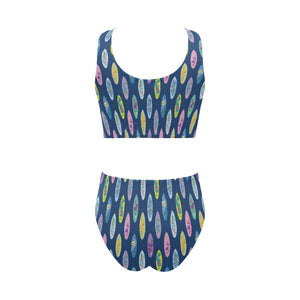 Surfboard Pattern Print Design 03 Chest Bowknot High Waisted Bikini Swimsuit