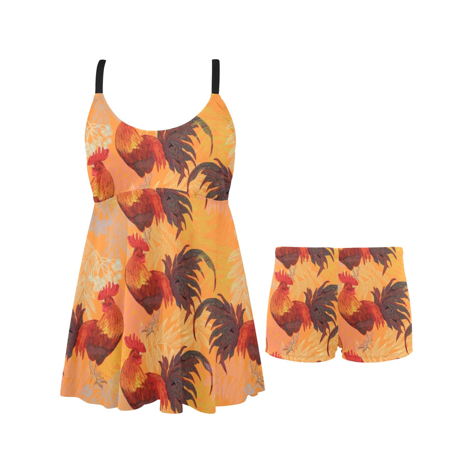 red rooster chicken cock pattern Chest Sexy Pleated Two Piece Swim Dress