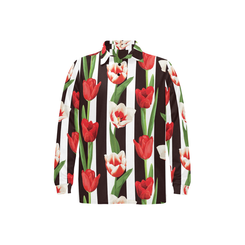 red and white tulips pattern Men's Long Sleeve Polo Shirt