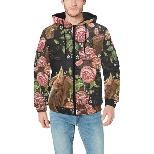Horse head wild roses pattern Men's Padded Hooded Jacket