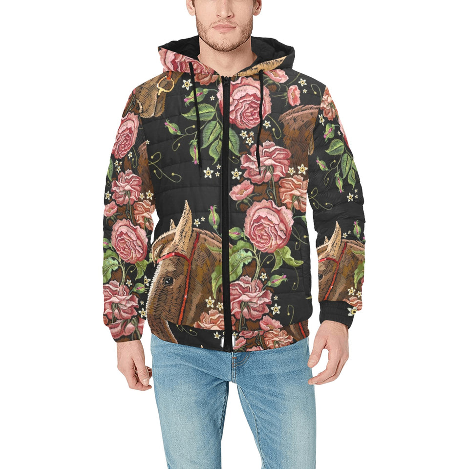Horse head wild roses pattern Men's Padded Hooded Jacket