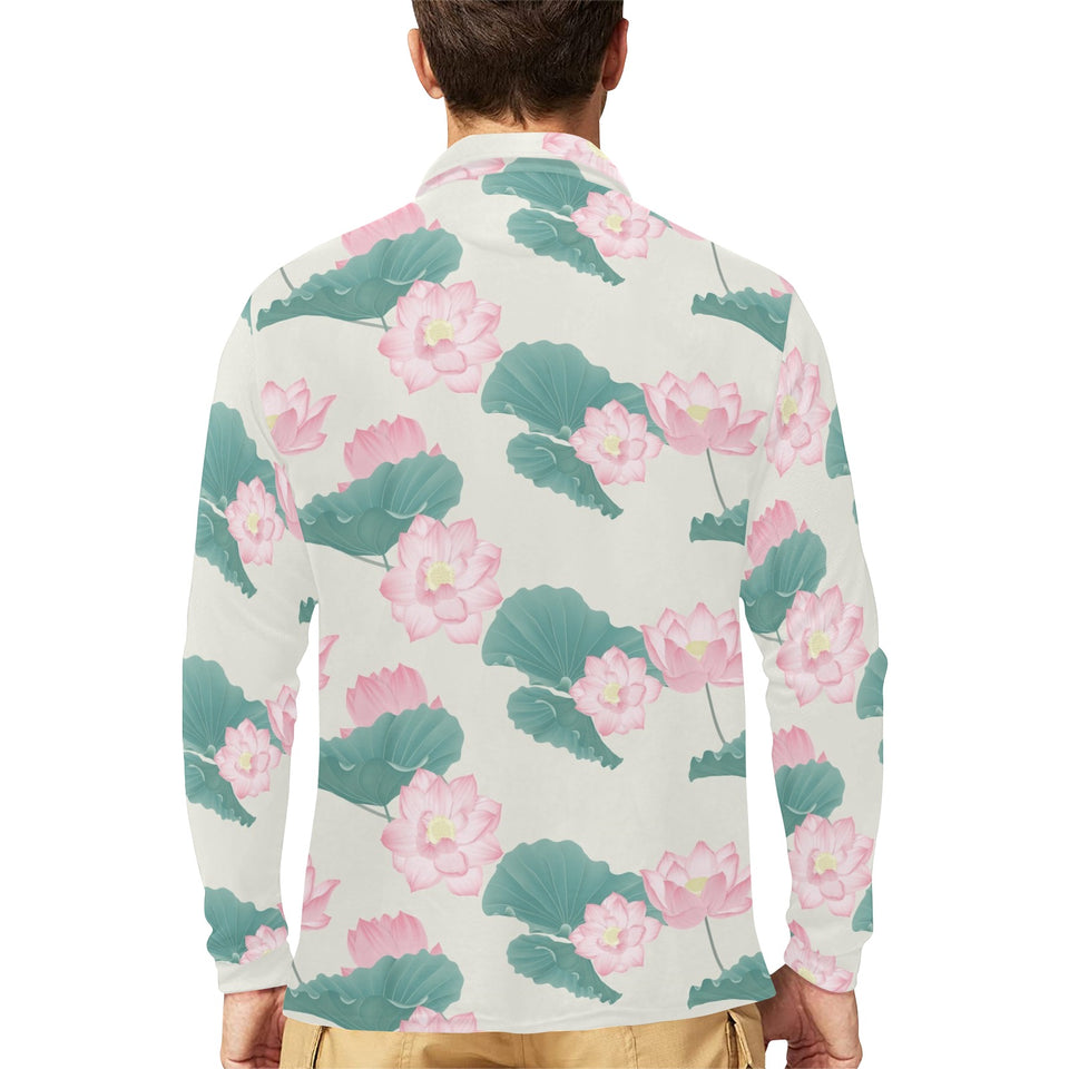 Pink lotus waterlily leaves pattern Men's Long Sleeve Polo Shirt