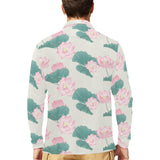 Pink lotus waterlily leaves pattern Men's Long Sleeve Polo Shirt