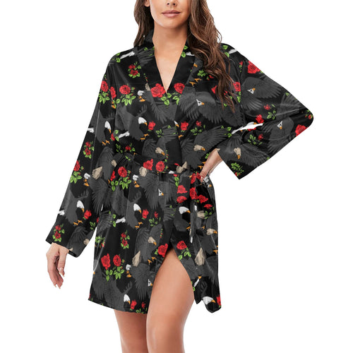 Eagle Pattern Print Design 04 Women's Long Sleeve Belted Night Robe