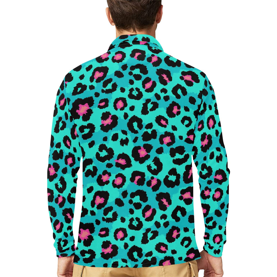 Green leopard skin print pattern Men's Long Sleeve Polo Shirt
