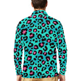 Green leopard skin print pattern Men's Long Sleeve Polo Shirt