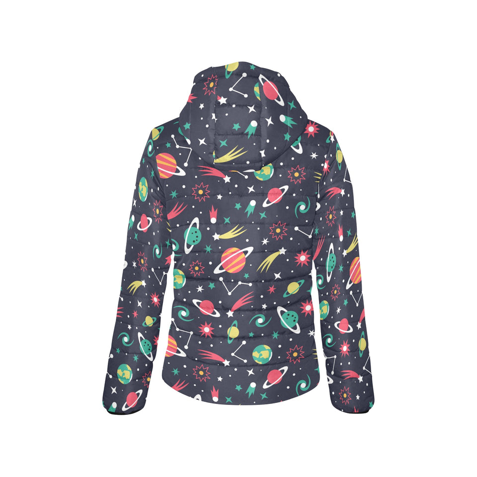 colorful space pattern planet star Women's Padded Hooded Jacket