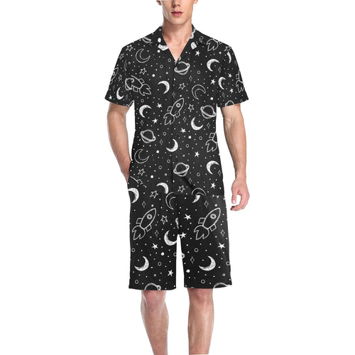 Hand drawn space rocket star planet Men's V-Neck Short Pajama Set