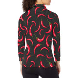 Chili peppers pattern black background Women's Long Sleeve Polo Shirt