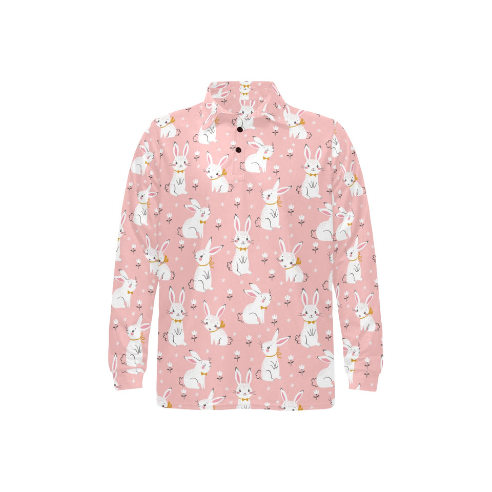 Cute white rabbit flower pink background Men's Long Sleeve Polo Shirt