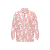 Cute white rabbit flower pink background Men's Long Sleeve Polo Shirt