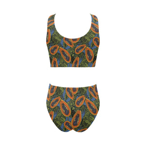 Colorful papaya tropical leaves Chest Bowknot High Waisted Bikini Swimsuit