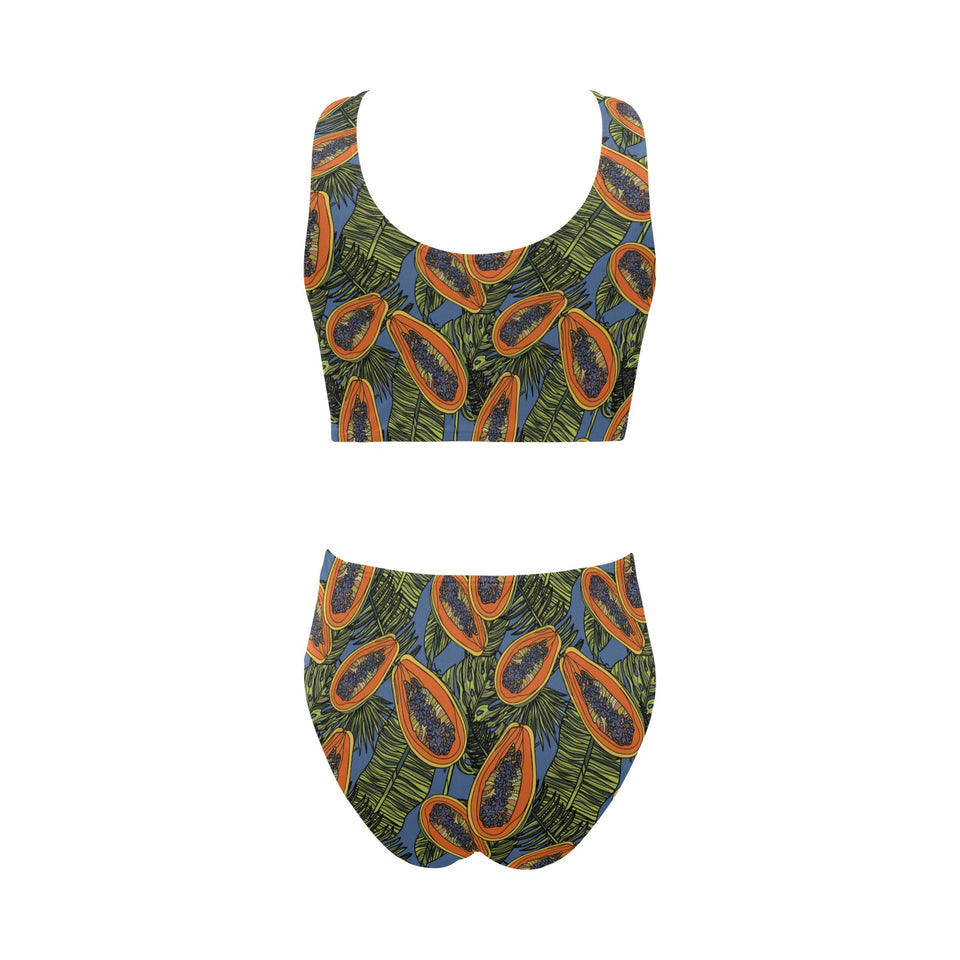 Colorful papaya tropical leaves Chest Bowknot High Waisted Bikini Swimsuit