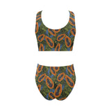Colorful papaya tropical leaves Chest Bowknot High Waisted Bikini Swimsuit