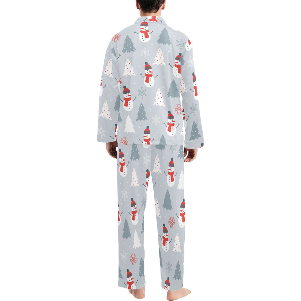 Snowman christmas tree snow gray background Men's Long Pajama Set