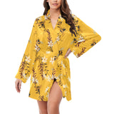 Bee flower pattern Women's Long Sleeve Belted Night Robe