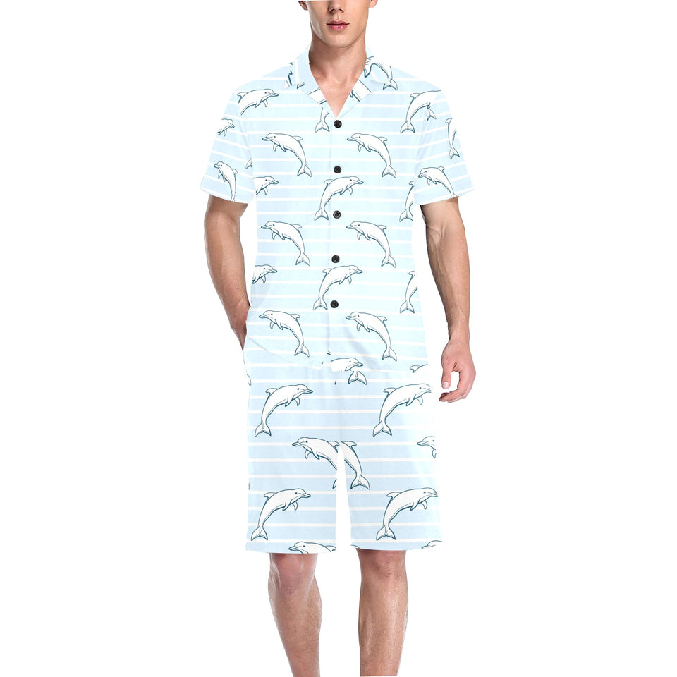 Dolphin blue striped background Men's V-Neck Short Pajama Set