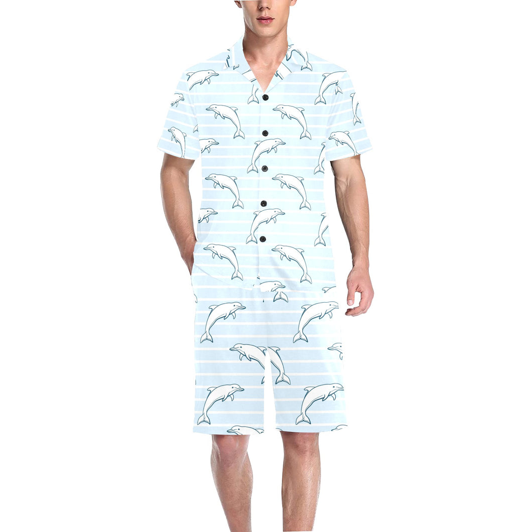 Dolphin blue striped background Men's V-Neck Short Pajama Set