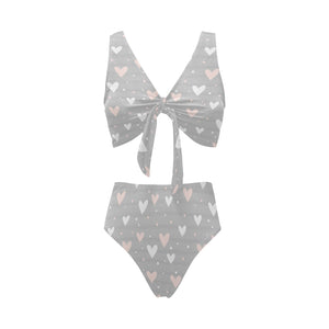 Heart pattern gray background Chest Bowknot High Waisted Bikini Swimsuit