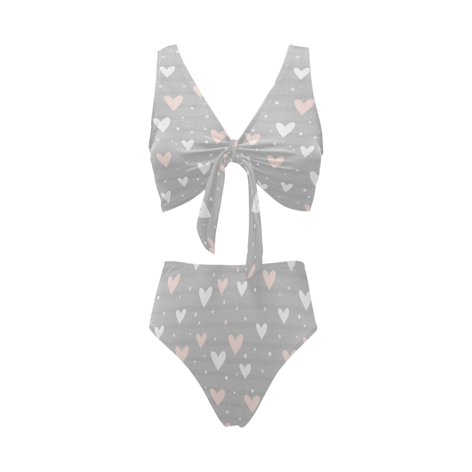 Heart pattern gray background Chest Bowknot High Waisted Bikini Swimsuit