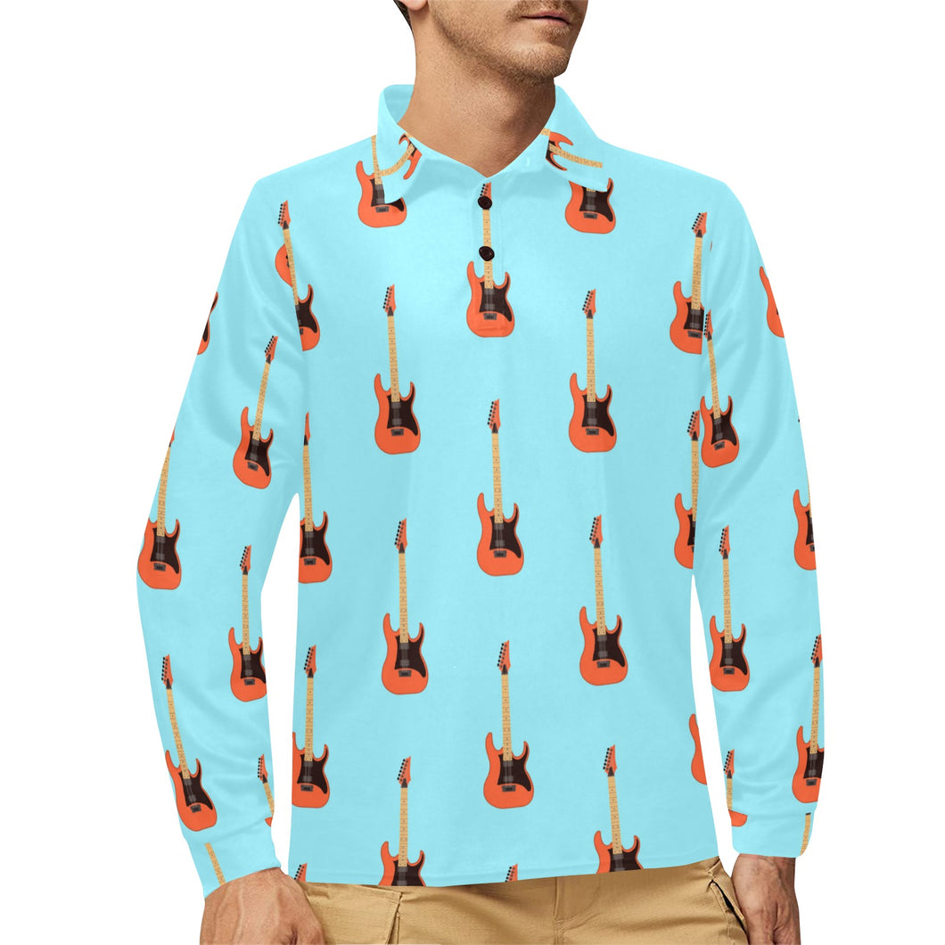 electric guitar pattern light blue background Men's Long Sleeve Polo Shirt