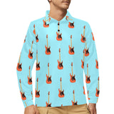 electric guitar pattern light blue background Men's Long Sleeve Polo Shirt