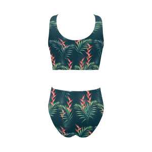 heliconia flowers, palm and monstera leaves on bla Chest Bowknot High Waisted Bikini Swimsuit