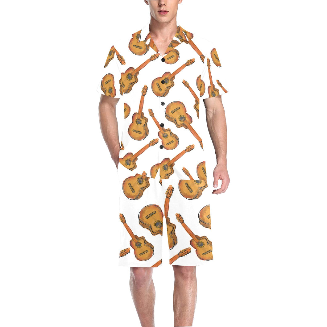 Paint Guitar Pattern Men's V-Neck Short Pajama Set