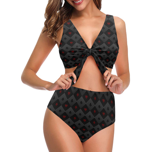Casino Cards Suits Pattern Print Design 05 Chest Bowknot High Waisted Bikini Swimsuit